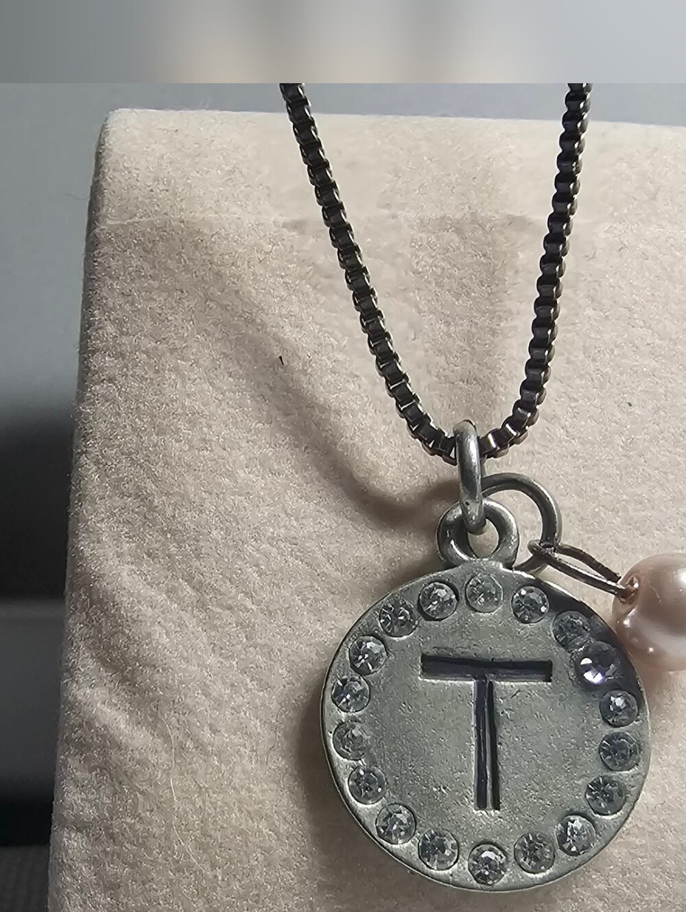 Initial T Crystal-Accent Charm Necklace in Silver Tone